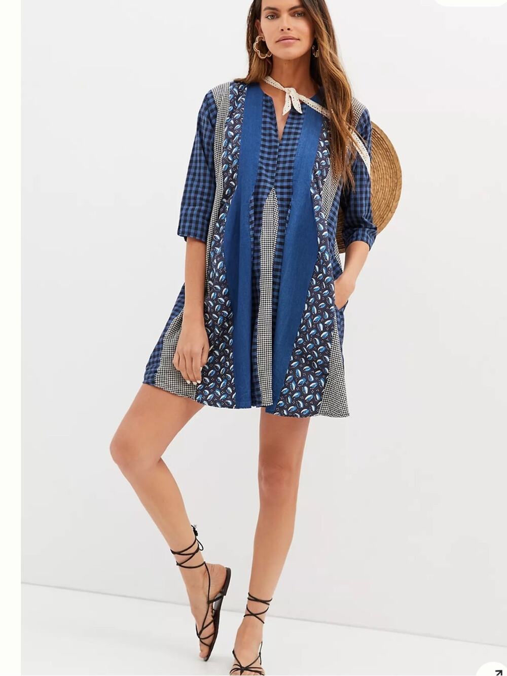 Caron Callahan Aria Pleated Blue Mixed Indigo Tunic Dress size large